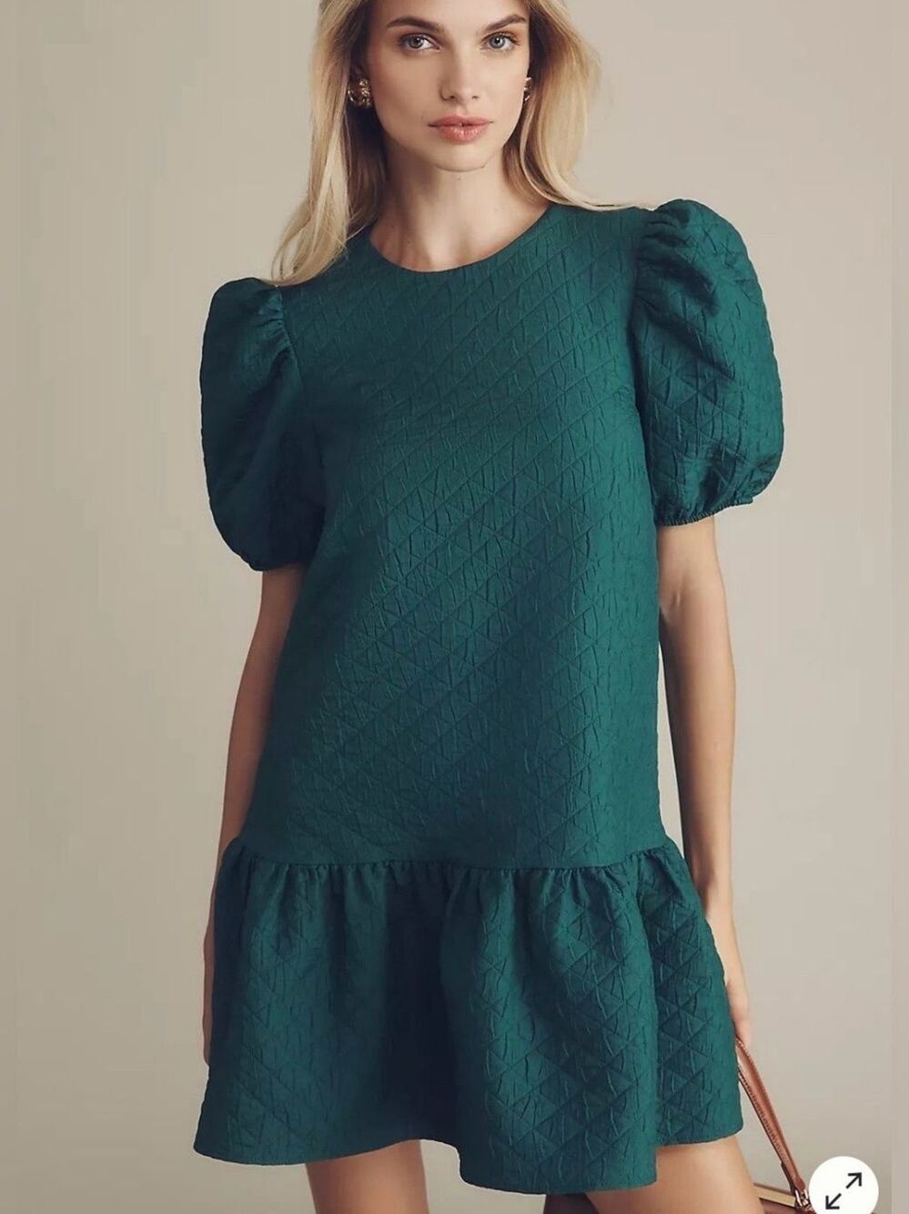 Maeve Green Drop Waist Jacquard Quilted Puff Sleeve Mini Dress Oversize Size M